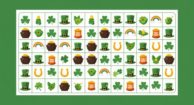 St. Patrick's Day bingo game grid vector illustration featuring Irish icons like shamrocks, four-leaf clovers, leprechaun hats, pots of gold, rainbows, and horseshoes on green background.