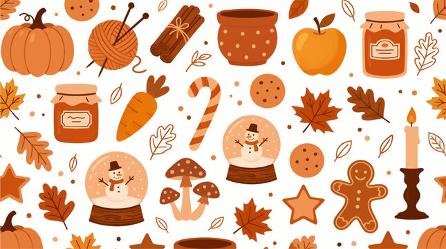 Flat Vector Seamless Pattern of Autumn and Winter Objects with Pumpkins, Snowmen, Fallen Leaves, Cookies, and Candles, Seasonal Graphic Background