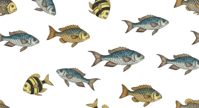 Seamless watercolor pattern of illustrated blue and gold carp with yellow striped tropical fish, hand-drawn aquatic animal design repeat isolated on white background.