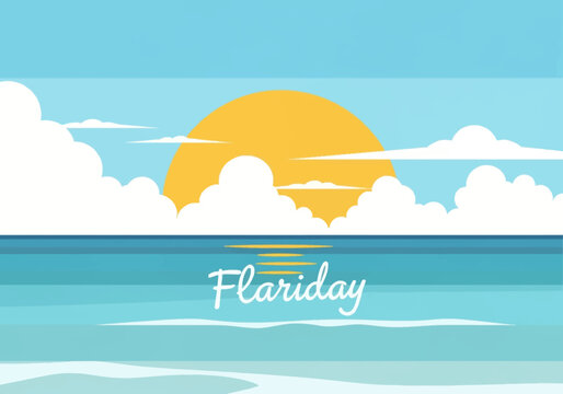 Vector illustration of a tropical sunset over the ocean with a large yellow sun, white fluffy clouds, turquoise waves, and the cursive text Flariday in the center of the water.