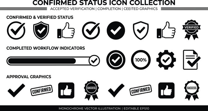 Confirmation And Verification Icons Monochrome Vector Illustration