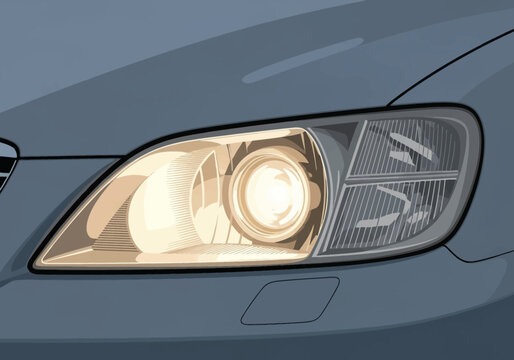 Detailed vector illustration of a modern car headlight assembly featuring a glowing xenon projector lamp with warm yellow light and internal reflector elements on a blue vehicle body.