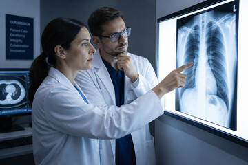 Fototapeta premium Two medical professionals, a woman and a man in white coats, are examining an X-ray image on a digital screen in what appears to be a medical setting.