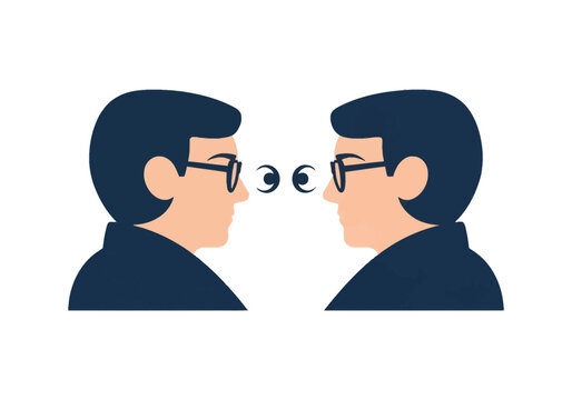Minimalist vector illustration featuring two identical men in side profile wearing glasses, facing each other in a staring contest with stylized eyes on a white background.