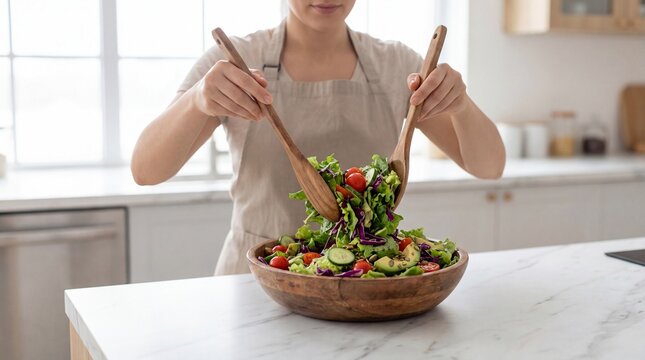 Cropped Shot of Person Tossing Salad with wooden Spoons in Bowl