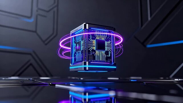 Futuristic cube with glowing circuits