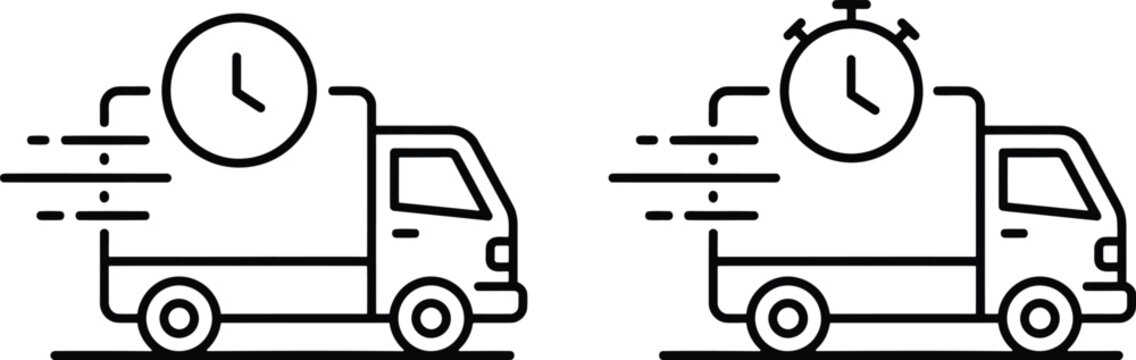 Delivery trucks with clocks for logistics and transportation concepts showing fast and slow delivery times for website and presentation use