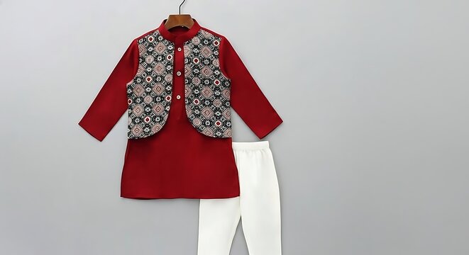 Traditional Indian boys ethnic wear, maroon kurta with printed waistcoat and white pajamas, festive kids fashion apparel