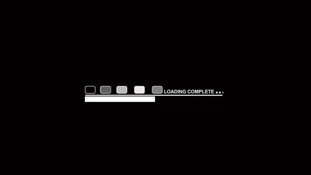 Loading bar with white glowing status indicators and text displays progress completion on a dark background which provides significant negative space for any necessary digital graphic design text.
