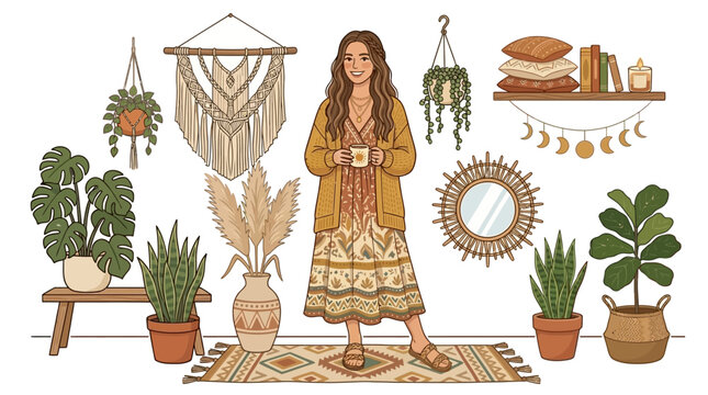 A stylish woman in flowing bohemian clothing stands surrounded by pampas grass, sun motifs, macrame decorations, and indoor plants in a modern boho lifestyle setting with warm earthy tones