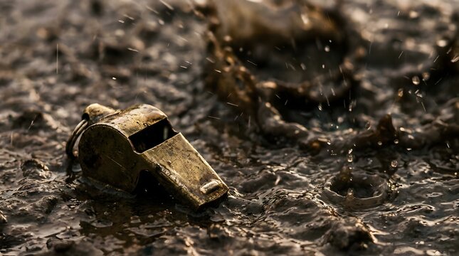 Vintage brass referee whistle lying in splashing mud during a heavy rainstorm conceptualizing a delayed match and harsh rules