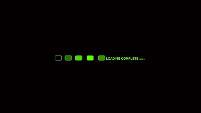 Loading bar displays a progress sequence with green glowing blocks on a dark background indicating that the digital system process has finished its operation and the task is now fully complete here.