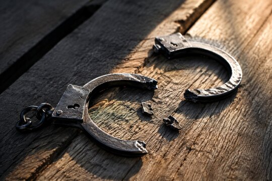 Broken iron handcuffs resting on aged wood, sunlight catching the fractured edges, symbolizing liberation.