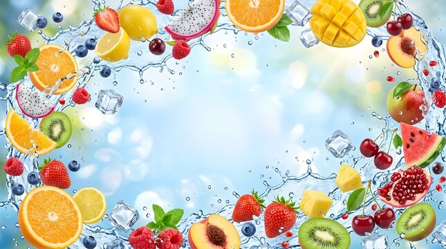 A beautiful circular border of fresh assorted tropical fruits, berries, and mint leaves, splashing in water with ice cubes against a bright, sunny blue background.