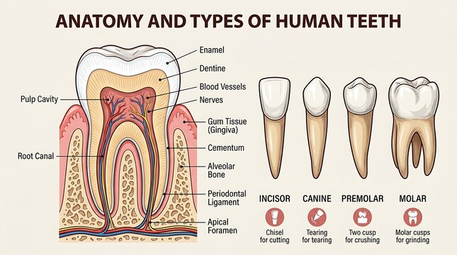 Anatomy and types of human teeth with detailed labels and descriptions