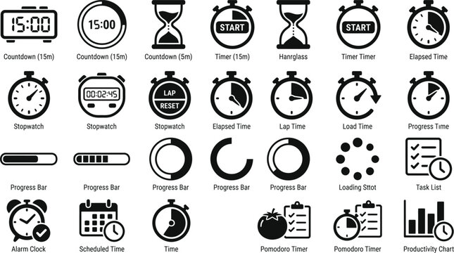 Time Measurement Icons Flat Silhouette Style Against White Background