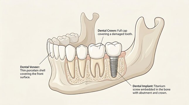 Dental implant procedure with abutment and crown placement in lower
