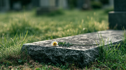 Fototapeta premium Weathered Gravestone in Overgrown Cemetery Grass
