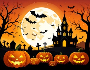 Fototapeta premium Spooky Halloween Night Background with Glowing Pumpkins Haunted Castle Full Moon Flying Bats Dark Trees and Witch Silhouette Vector Illustration for October Holiday Celebration
