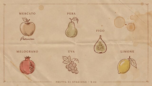 Vintage illustrations of various fruits on a brown paper background with labels