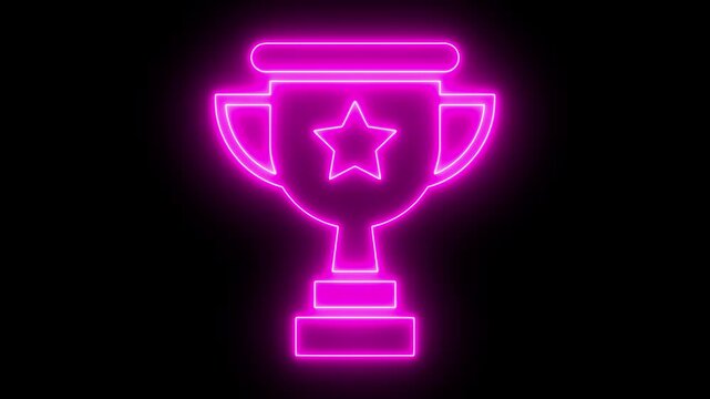 Neon pink glowing trophy animation with star symbol on black background, winner success