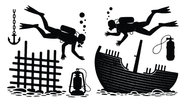 Two scuba divers explore an underwater shipwreck and sunken fence with equipment