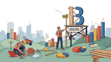 Pixel art construction workers building a big letter b on a hill near a modern city skyline © MDHASEN