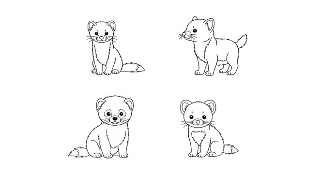 Four cute ferrets and weasels line art set