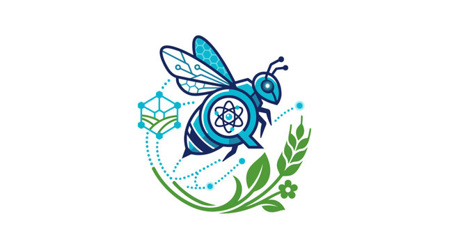 Bio-tech bee logo with atomic structure and leaves.