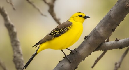 Obraz premium Vibrant yellow goldfinch bird perched on a tree branch in spring.