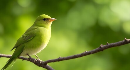 Fototapeta premium Profile view of a striking chartreuse yellow green finch on a sunlit branch.