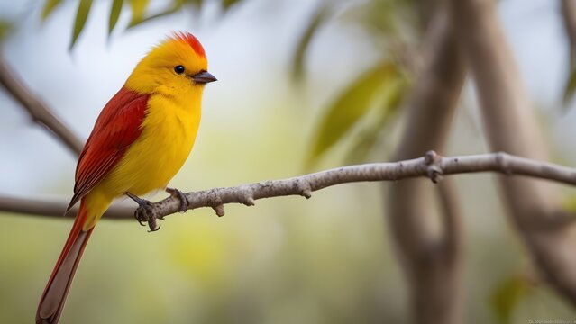 Profile view of an orange fronted yellow finch perched in springtime.