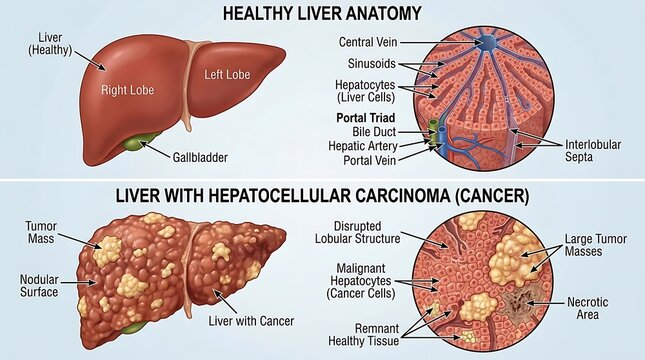 Healthy liver anatomy compared to liver with hepatocellular carcinoma