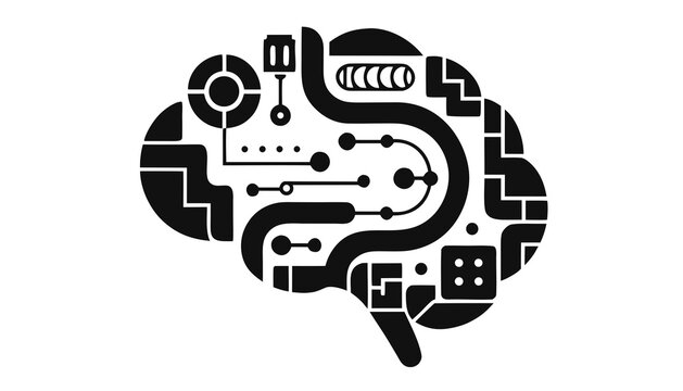 Brain graphic features integrated circuit patterns to symbolize artificial intelligence and cognitive computing technology.