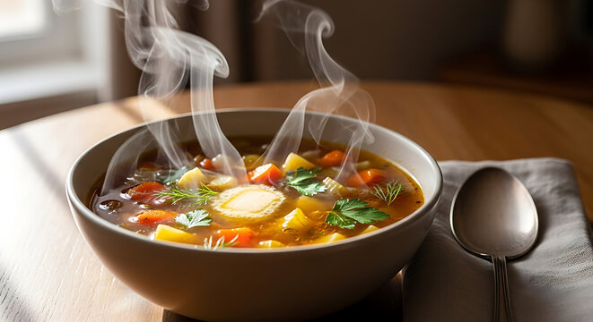 Steaming bowl of hearty vegetable soup with herbs served on a wooden table