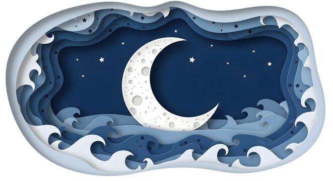 Paper cut illustration of a white crescent moon with craters floating over layered blue ocean waves under a starry night sky in a three-dimensional layered paper art style.