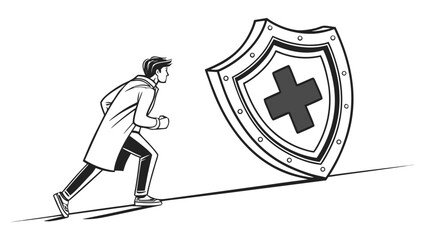Man in a white lab coat stands before a giant medical shield representing health security and professional care. © Sami