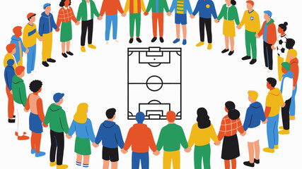 Diverse people join hands around soccer field. © pyoo