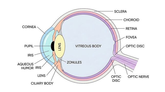 Diagram of the human eye showing the internal structure and parts