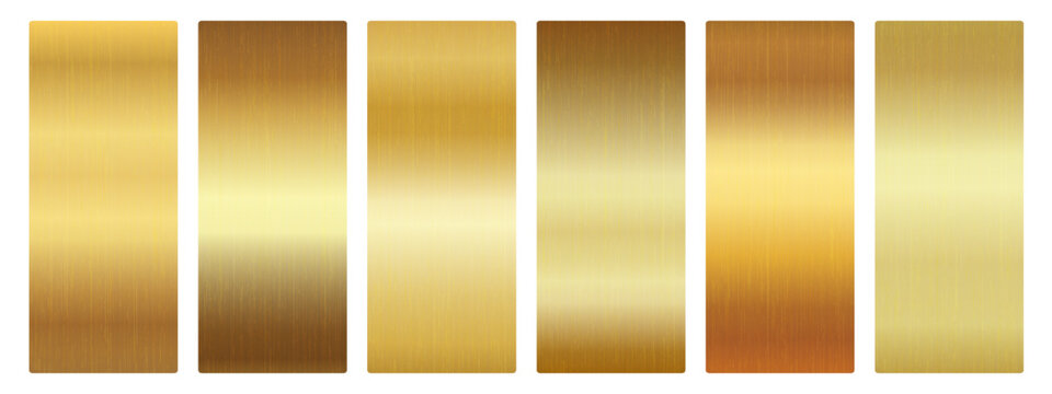 Gold metal gradient swatch set. Brushed brass, bronze, copper, champagne foil shades. Glossy vertical bands, dark to light. For ribbon, banner, frame, label. Vector metallic texture palette.