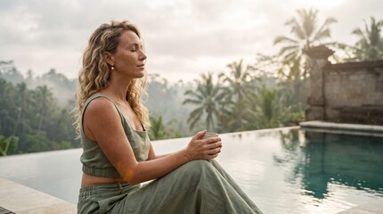 Fototapeta premium Serene woman relaxing by an infinity pool in a lush tropical jungle resort