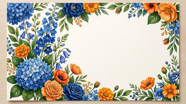 Vibrant blue and orange floral border frame with central copy space