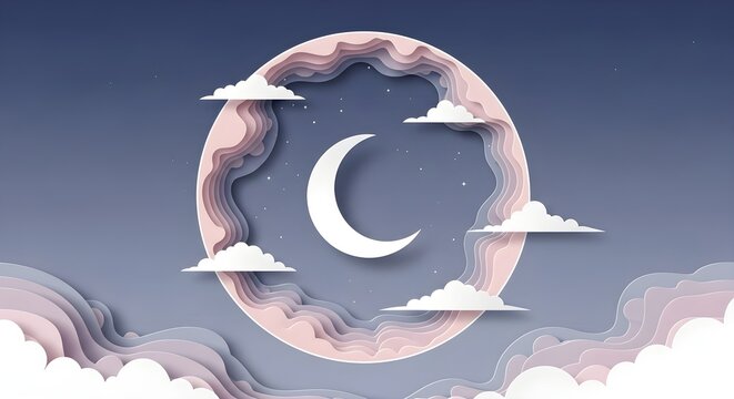 Paper cut style illustration of a white crescent moon inside a circular frame with layered clouds and stars in a night sky with pastel purple and blue gradients.