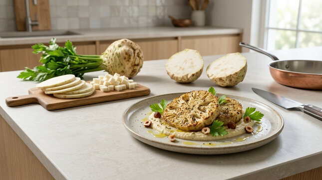 Roasted celeriac steaks served on celery root puree with hazelnuts on kitchen counter background