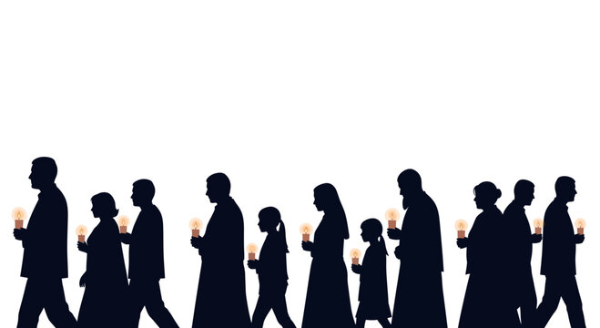A silhouette of a diverse group of people walking together while holding lit candles.