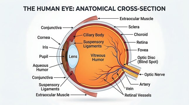 Human eye anatomical cross section diagram with vitreous, structure