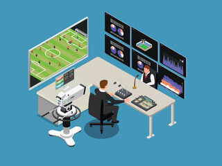 Plakat Sports broadcast studio with commentators analyzing a live soccer match 3d isometric vector illustration