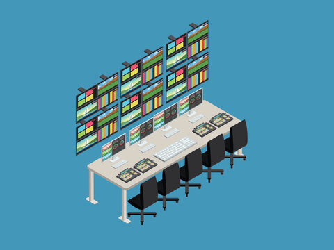 television broadcast control room with multiple video monitoring screens and mixing consoles 3d isometric vector illustration