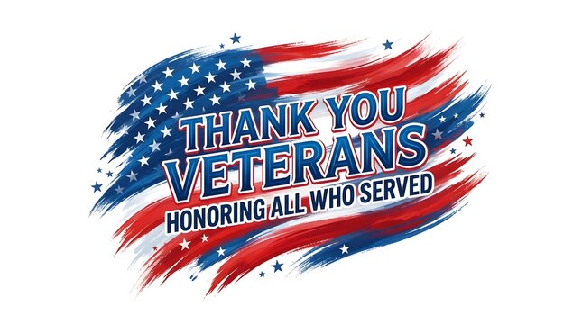 Thank you veterans honoring all who served text with american flag brush stroke background isolated on white background