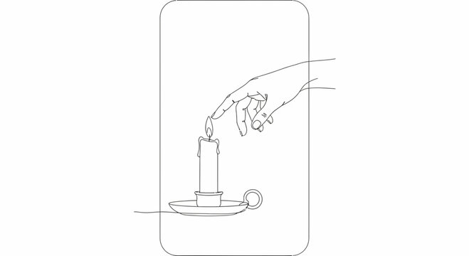 Minimalist line art illustration of a hand touching a lit candle flame.